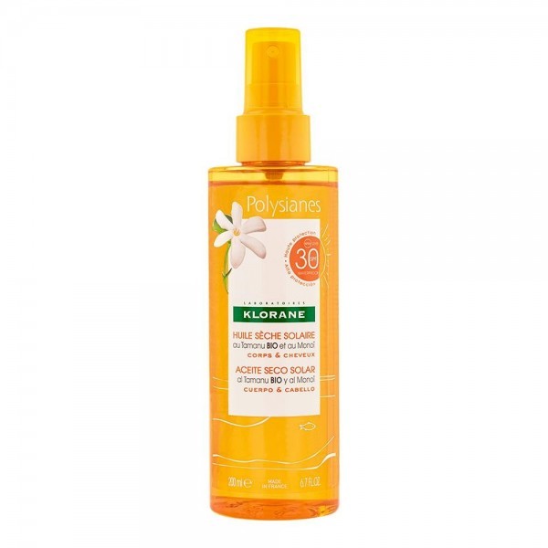 Klorane - Aceite solar seco de alta protección SPF 30 al Tamanu BIO y al Monoï - Cabello y cuerpo - Protección solar 200ml