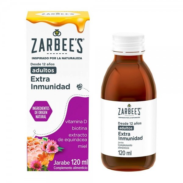 Zarbee's Jarabe Adultos Extra Inmunidad ayuda al sistema inmune con Miel, Extracto de Equinácea, Vitamina D y Botina, 120ml